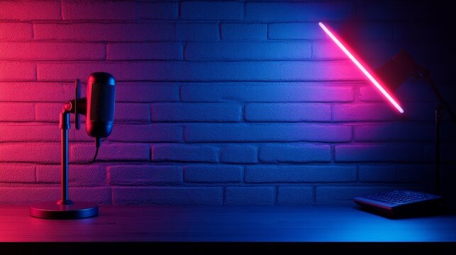 A sleek microphone sits on a desk against a brick wall illuminated by vibrant neon lights, creating a modern and dynamic podcast studio environment.