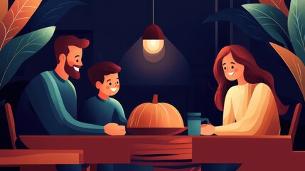 Family togetherness on Thanksgiving flat design side view joyous theme cartoon drawing Complementary Color Scheme