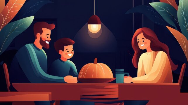 Family togetherness on Thanksgiving flat design side view joyous theme cartoon drawing Complementary Color Scheme
