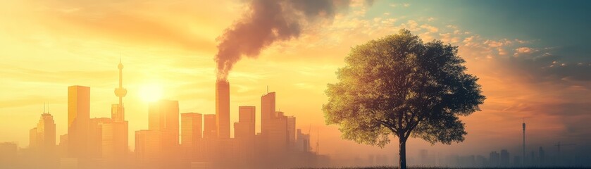 Cityscape Sunset with Smoke and Tree Silhouette