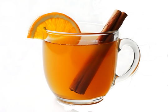A rich hot apple cider served in a clear mug, with a cinnamon stick and orange slice with transparent background, PNG file - Powered by Adobe