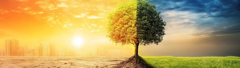 Obraz premium Tree Roots Splitting Desert and Grassland Climate Change Concept