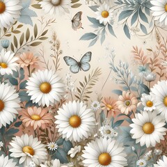 abstract floral background with white daisies, background illustration, template for wallpaper, fabric,packaging