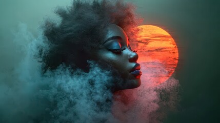Woman with Afro Hair in Smoke and Sunset Light