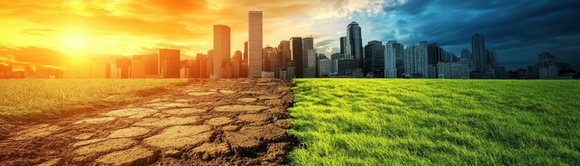 Cityscape Divided by Drought and Lush Grass