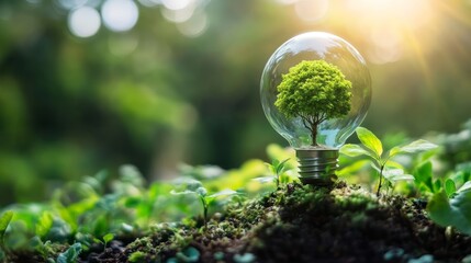 Green Energy Concept  Tree Inside Light Bulb in Nature