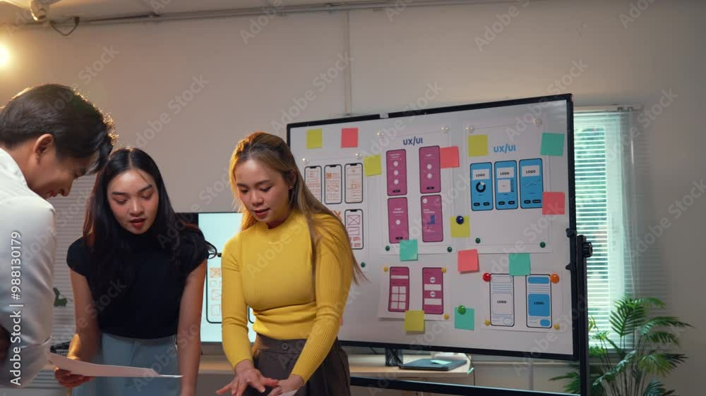Poster asian uiux designers collaborate in an office setting, focusing on a mobile application project. the