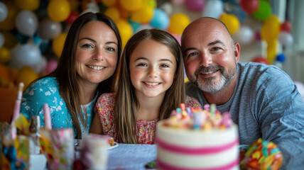 Happy family celebrating birthday with cake.