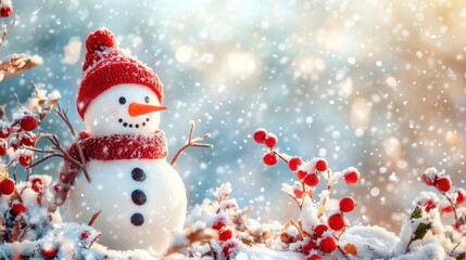 Fototapeta premium Happy snowman standing in christmas landscape