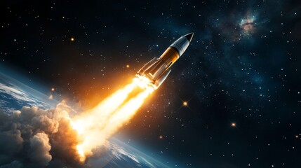 A futuristic rocket blasts off from Earth, leaving a fiery trail as it ascends into a colorful nebula. The rocket represents ambition, exploration, and the future of space travel, while the nebula sym