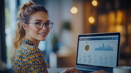 Businesswoman working on laptop with charts.