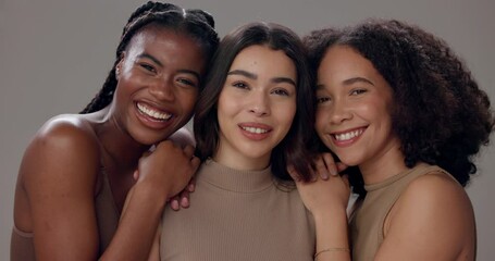 Women, face and skincare with diversity in studio for dermatology, beauty or solidarity on gray background. Friends, skin and inclusion with support for self care, cosmetics or facial transformation