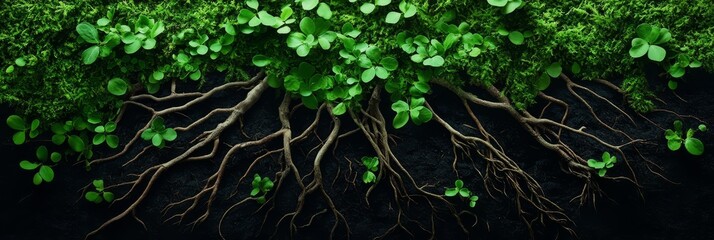 Obraz premium Intricate Roots and Greenery - a captivating image showcasing the hidden network of roots beneath a lush green canopy. The image symbolizes growth, interconnectedness, strength, and resilience.