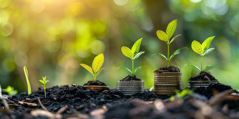 Growing Plants on Stacks of Coins - Sustainable Investment Concept