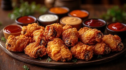A spread of golden, crispy fried chicken wings on a large platter, surrounded by different dipping sauces like ranch, barbecue, and buffalo. The wings glisten under warm lighting,