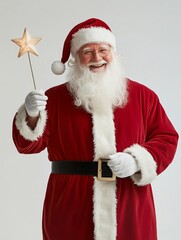 Santa Claus, dressed in his traditional red suit, smiles cheerfully while holding a golden star wand, symbolizing holiday magic, generosity, and the joy of giving.