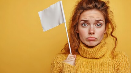 Woman holding white flag on yellow background.