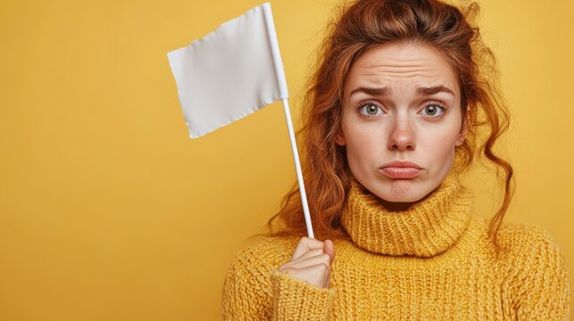 Woman holding white flag on yellow background.
