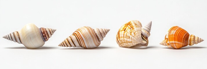 Exquisite Seashells with Intricate Patterns: A collection of four seashells showcasing unique patterns and textures, symbolizing the beauty and diversity of the ocean, nature's artistry, coastal livin