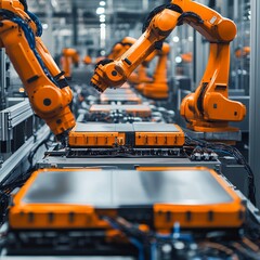 EV Battery Pack Automated Production Line Equipped with Orange Robot Arms. Electric Car Smart Factory. Row of Advanced Robotic Arms inside Bright Plant Assemble Batteries for Automotive Industry