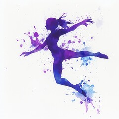 Watercolor Painting of a Woman Dancing with Purple and Blue Splashes.