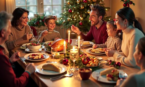 Family enjoying Christmas dinner together around a festive table with candles and holiday decorations. Warm and joyful atmosphere. Generated with AI