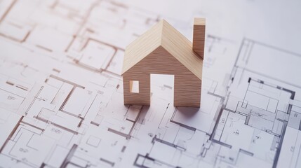 Wooden House Model on Architectural Blueprint