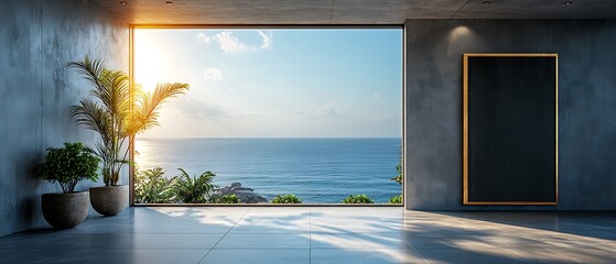 Modern Interior With Ocean View and Empty Frame.
