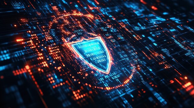 Abstract Digital Shield Concept with Binary Code and Glowing Lights.