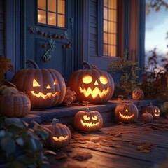 Obraz premium Halloween. Pumpkins with glowing eyes on the porch of the house. 3d illustration
