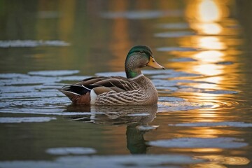 Obraz premium Duck Gliding Across a Tranquil Pond at Sunset