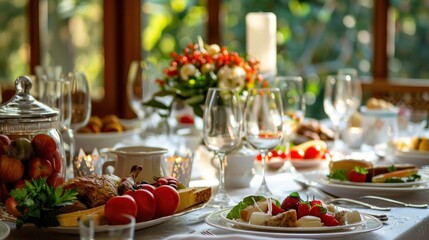 Table Setting with Roasted Chicken and Fruit