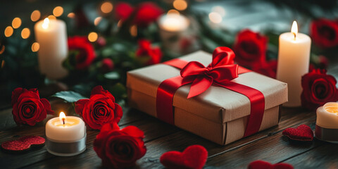 beautifully wrapped Valentines Day gift box with red ribbon is surrounded by romantic candles and red roses, creating warm and loving atmosphere perfect for celebrating love