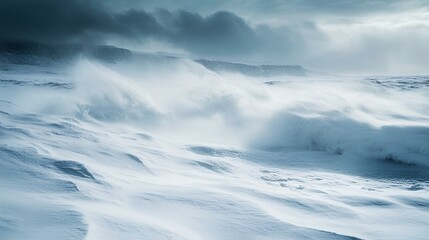 Snow Blowing Across Icy Landscape in Winter Storm