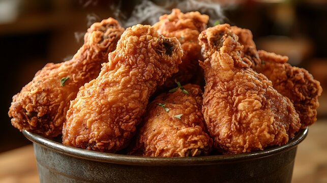 Golden, crispy fried chicken in a bucket, glistening with crunchy texture and steam rising from the hot pieces. Photographed from a top-down angle,