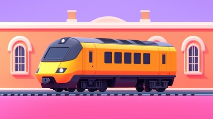 Naklejka premium A vibrant yellow train waits at a colorful station during sunset, showcasing modern design and urban transit dynamics.