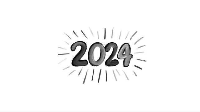 White stop-motion animation of "2024" title drawn with marker on white background, idea for school learning process or video blogging