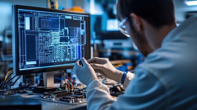 Computer engineer analyzing circuit board design on computer screen