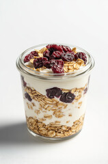 A Jar of Overnight Oats with Greek Yogurt and Dried Fruits for a Nutritious and Satisfying Breakfast Option