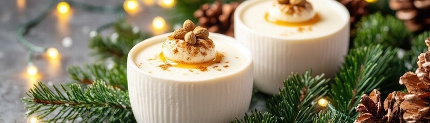 Festively styled desserts in white cups, garnished with nuts, surrounded by pine branches and warm lights, creating a cozy, seasonal atmosphere.