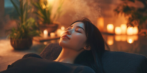 serene image of woman relaxing in spa, surrounded by soothing plants and soft candlelight, creating tranquil atmosphere