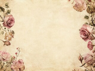Vintage Watercolor Roses Border on Old Paper Background, Floral Design Element for Wedding Invitations, Greeting Cards, Scrapbooking, and Digital Design Projects.