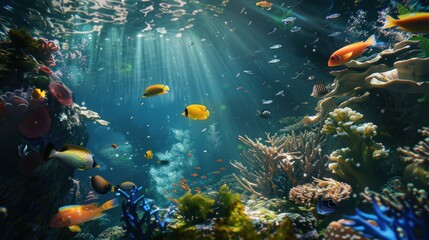 Naklejka premium Underwater Paradise: A vibrant coral reef teeming with life