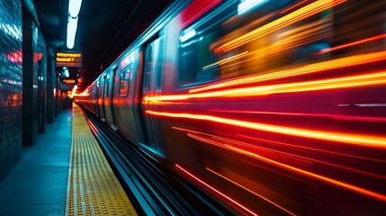 Fototapeta premium Subway Train Speed Blur and Lights, a high-speed subway train captured with a long exposure, showcasing vibrant light streaks and a sense of movement. The image symbolizes speed, urban life, transport