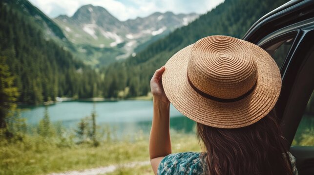 Happy woman holding hat outside open car window