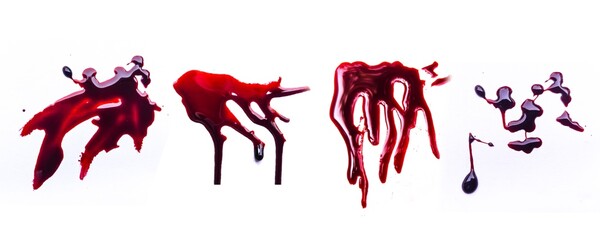Set of groups, red blood drops on the floor, blood isolated white background, concept of splatter blood, murder bloody, splash,Clipping path, healthcare and medicare.