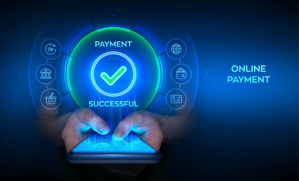 Online payment concept. Payment successful notification. Online payment via banking application using smartphone. Online shopping. Financial transaction. Smartphone in hands. Vector illustration.