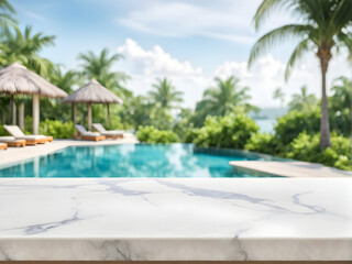 Empty white marble stone table top and blurred swimming pool in tropical resort in summer banner background - can used for display or montage your products.
