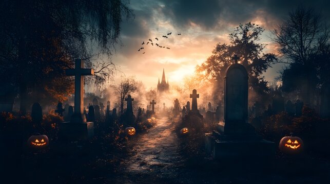 Dramatic cinematic Halloween poster showcasing a creepy graveyard scene filled with mist and glowing jack-o'-lanterns.Perfect for adding marketing copy,ideal for Halloween-themed promotions and events