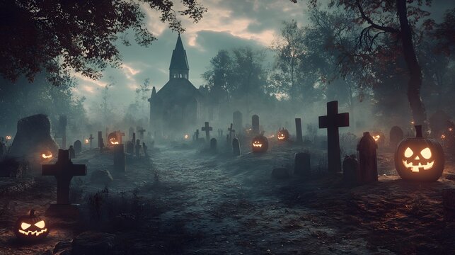 Dramatic cinematic Halloween poster showcasing a creepy graveyard scene filled with mist and glowing jack-o'-lanterns.Perfect for adding marketing copy,ideal for Halloween-themed promotions and events